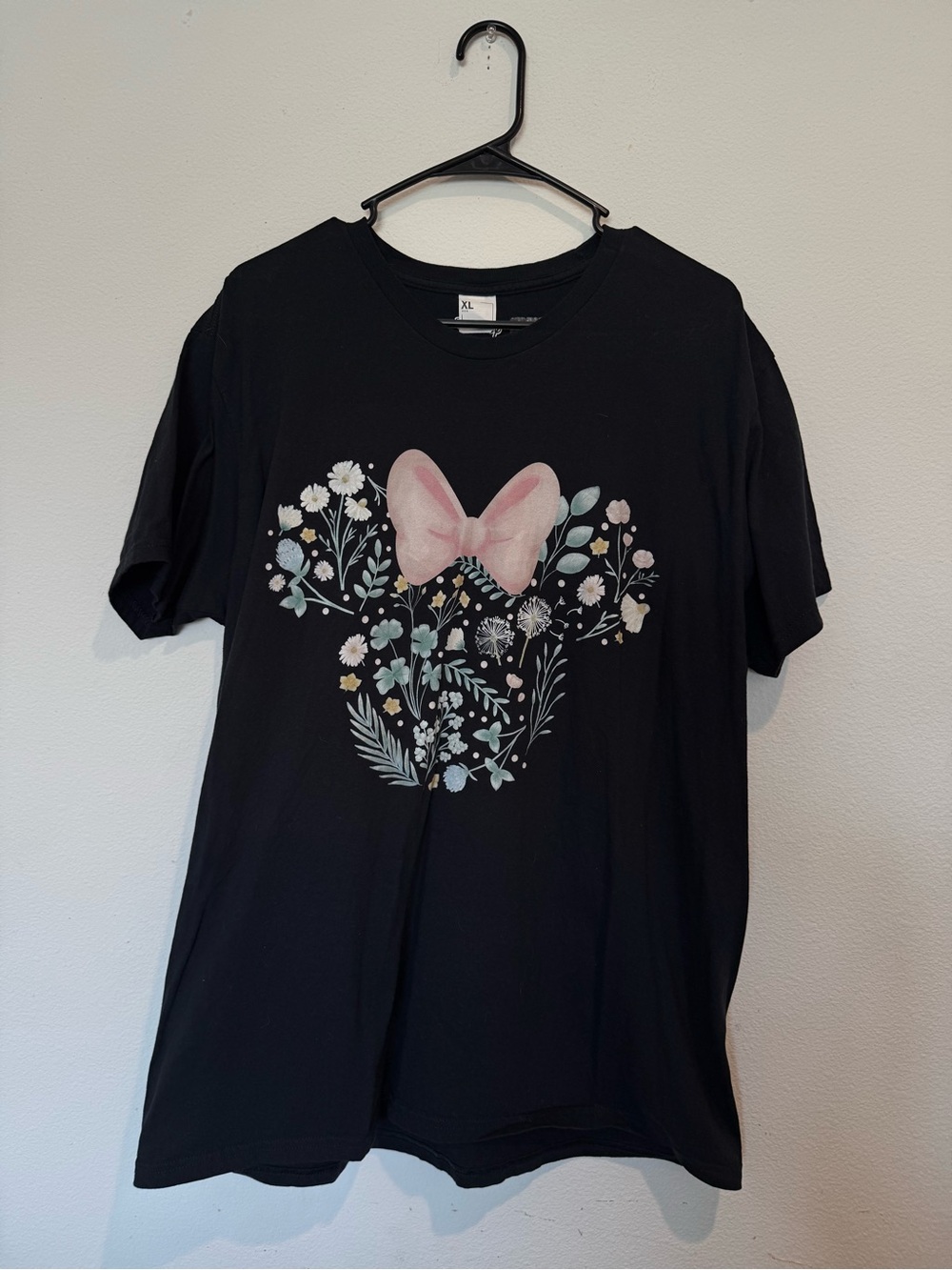 Disney Black Tee with Pink Bow and Pastel Floral Heart